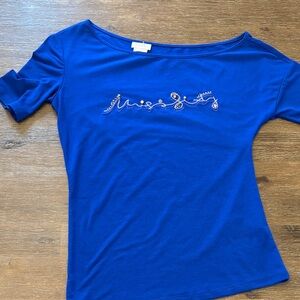 Miss Sixty Cobalt Blue Short Sleeve Scoop Neck Top with Rhinestone Logo